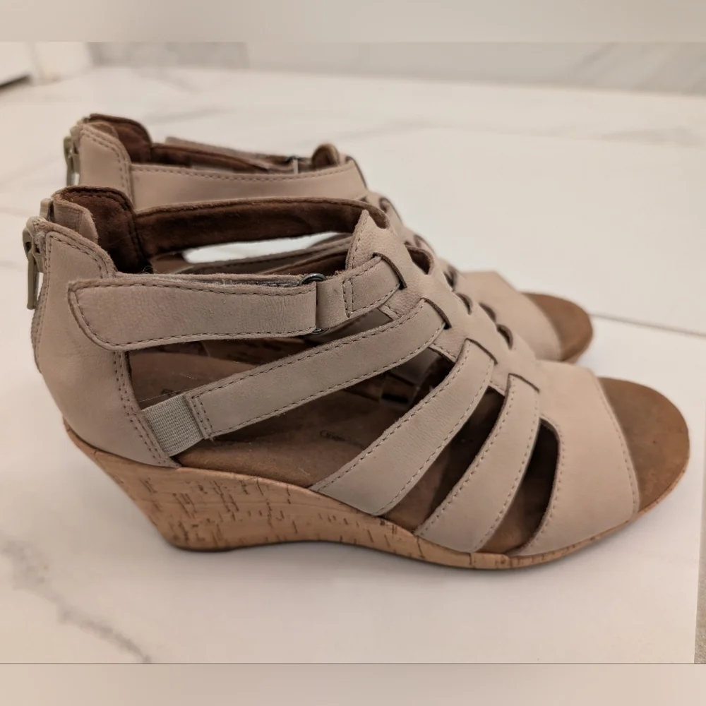 Women's Beige Strappy Wedge Sandals Size 6.5